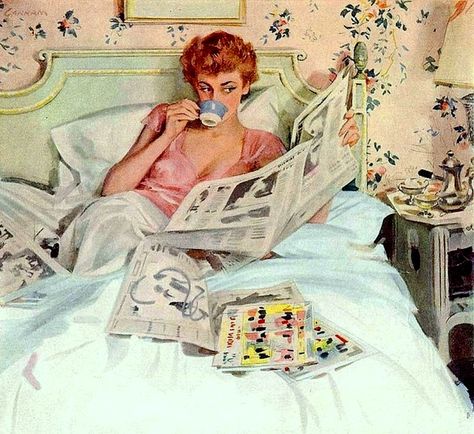 inbed.quenalbertini: Woman Reading Newspaper in Bed by John Gannam Retro Humour, Mode Pin Up, Paper Town, Grafika Vintage, Vintage Housewife, Illustration Vintage, Retro Humor, Foto Vintage, E Card