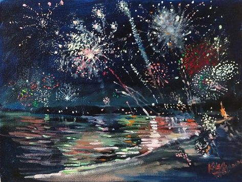 Fireworks Paintings, Painted Fireworks, Painting Fireworks, Fireworks Painting, Night Sky Drawing, Firework Art, Gsce Art, Celebration Art, Firework Painting