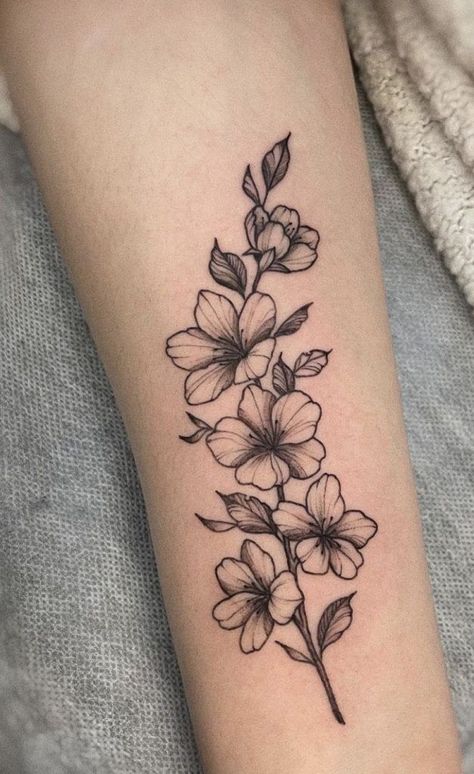 Whimsical Patchwork Sleeve Tattoo, Larkspur Flower Tattoo Design, Flower Tattoos Upper Arm, Floral Tattoo Design Forearm, Cherry Blossom Forearm Tattoo, Azalea Flower Tattoo, Larkspur Tattoo Design, Delphinium Flower Tattoo, Simple Arm Tattoos For Women