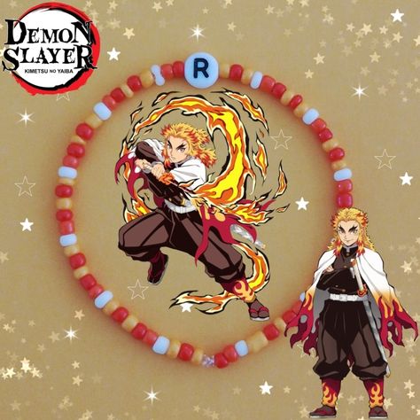 Kyojuro Rengoku seed bead bracelet Demon Slayer Bead Bracelet, Anime Bracelets Ideas, Demon Slayer Bracelet Ideas, Anime Themed Bracelets, Rengoku Bracelet, Kny Bracelets, Anime Beaded Bracelets, Demon Slayer Jewelry, Anime Bracelet Ideas