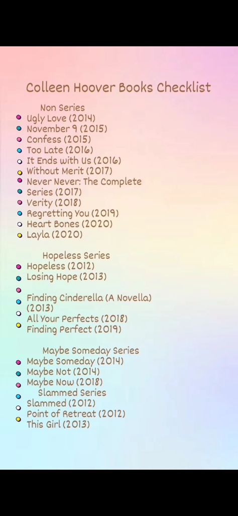 Checklist of Colleen Hoover's books Collen Hover Reading Order, Best Books Of Colleen Hoover, All Colleen Hoover Books List, Variety Colleen Hoover Book, Colleen Hoover Books List Order, Colleen Hover Checklist, All Of Colleen Hoover Books, Coho Books List, Books Of Colleen Hoover