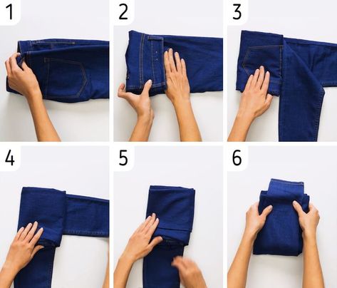 How to Fold Clothes Compactly Compact Packing Clothes, How To Fold Blue Jeans, How To Fold Pants For Travel Suitcases, Packing Jeans In A Suitcase, How To Fold Clothes For Packing, Compact Folding Clothes, Pack Jeans In A Suitcase, Travel Folding Clothes, Best Way To Fold Clothes For Suitcase