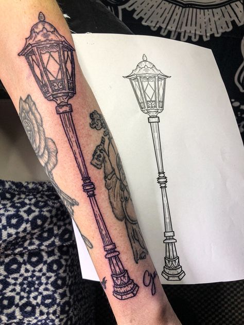 Classic Lit Tattoos, Gas Lantern Tattoo, Gaslight Tattoo, Light Post Tattoo, Street Light Tattoo, Street Lamp Tattoo, Lamppost Tattoo, Lanterns Tattoo, Lamp Post Tattoo