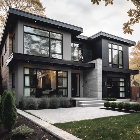 12 Grey House with Black Trim Inspirations for a Striking Facade • 333 Images • [ArtFacade] Grey House With Black Trim, House With Black Trim, Fall Bloxburg, Gray House Exterior, Black Houses, Floor Bloxburg, A Modern House, Dark Modern, Grey House