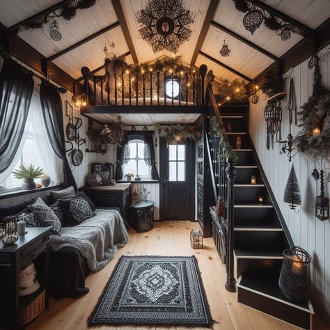 Cottage Core Bedrooms, Gothic Tiny House, Dark Cottage Core Bedroom, Dark Cottage Core Aesthetic, Black Home Interior, Cottage Core Interior, Bedroom Aesthetic Dark, Cottage Core Bedroom, Cottage Core Home Decor