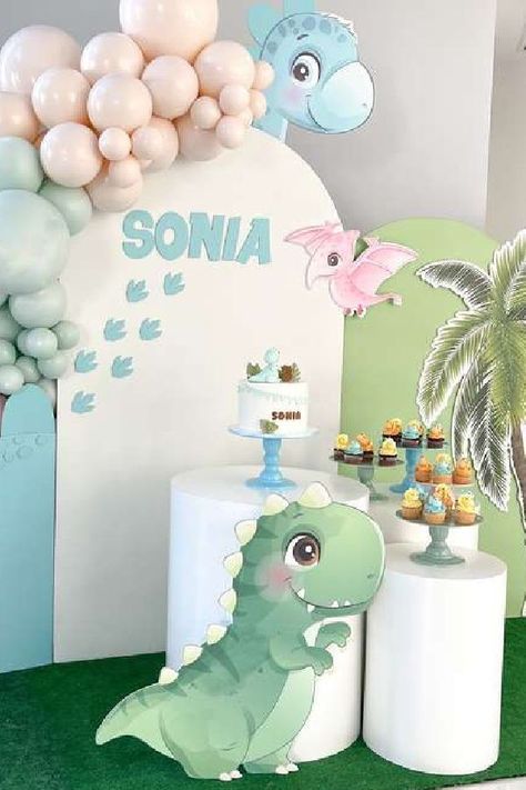 Take a look at this cute dinosaur party! Love the dessert table See more party ideas and share yours at CatchMyParty.com Birthday Dinosaur Theme, Dinosaur Theme Birthday Party, Dinasour Birthday, Baby Dinosaur Party, Dinosaur Theme Birthday, Dinosaur Baby Shower Theme, Theme Birthday Party Ideas, Girl Dinosaur Party, Dinosaur Birthday Theme