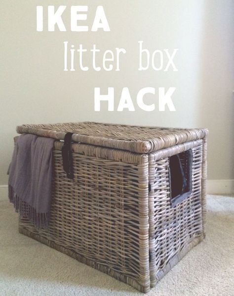 Super easy IKEA Hack, turn wicker chest into a secret litter box hide out! Decorative Cat Litter Boxes, Ikea Litter Box, Hide Cat Litter Box Diy, Hide Cat Litter, Dog Proof Litter Box, Hiding Cat Litter Box, Katt Diy, Diy Litter Box, Hidden Litter Boxes