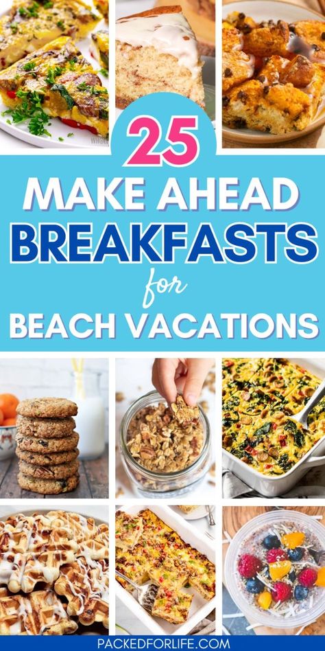 Fun & simple breakfast ideas for beach vacations. Make ahead breakfast recipes both kids and adults will devour. Quick meals to eat for breakfast on family vacations. Family vacation meals | Family friendly vacation meals | beach vacation meal ideas | Make ahead breakfast casseroles, breakfast muffins, breakfast cookies, and more. Travel Breakfast Ideas, Family Vacation Meals, Easy Vacation Meals, Beach Vacation Meals, Vacation Meal Planning, Make Ahead Breakfasts, Travel Breakfast, Sausage Hashbrown Breakfast Casserole, Cinnamon Roll Waffles