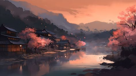 Watercolor Painting of a Serene Japanese Rural Town with Cherry Blossom Trees Japanese Aesthetic Landscape, Ipad Japanese Wallpaper, Desktop Wallpaper Japanese Aesthetic, Cherry Blossom Background Landscape, Cherry Blossom Computer Wallpaper, Japan Desktop Wallpaper Hd 1080p, Japan Background Aesthetic, Japan Background Landscape, Cherry Blossom Laptop Wallpaper