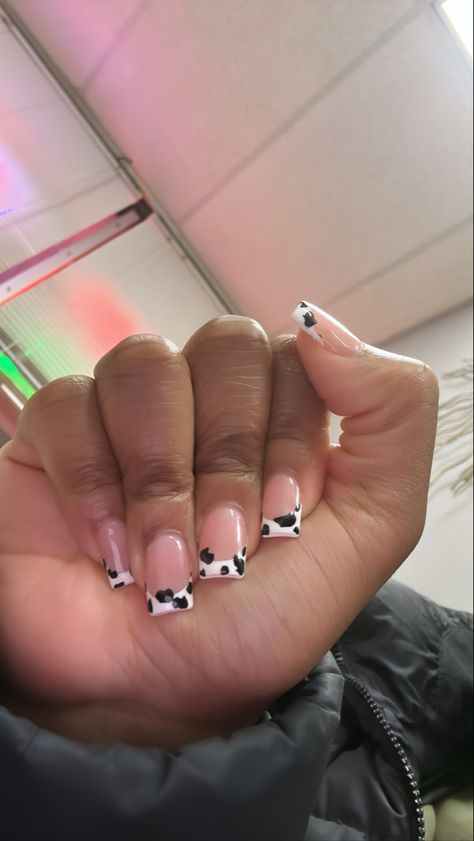 Cow French Tip Nails Pink, Cow Square Nails, Square Country Nails, Cow Nails With Glitter, Fun Frenchies Nails, Nails For Gymnastics, Short Nail Cow Designs, Nail Ideas Cow Print Pink, M Initial Nails Designs