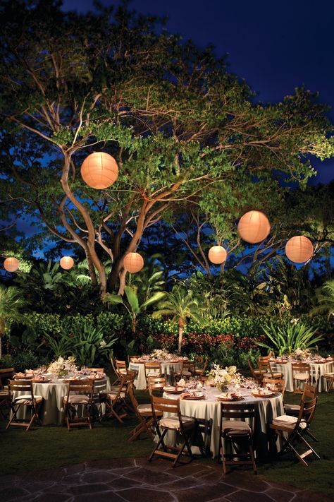 Garden Wedding...mainly in love with the lanterns. I'm loving the idea of an outdoor evening wedding. Christmas Tree Inspiration Red And Gold, Outdoor Night Wedding, Outdoor Evening Wedding, Outdoor Evening, Lawn Party, Garden Wedding Reception, Hawaii Destination Wedding, Christmas Tree Inspiration, Night Garden