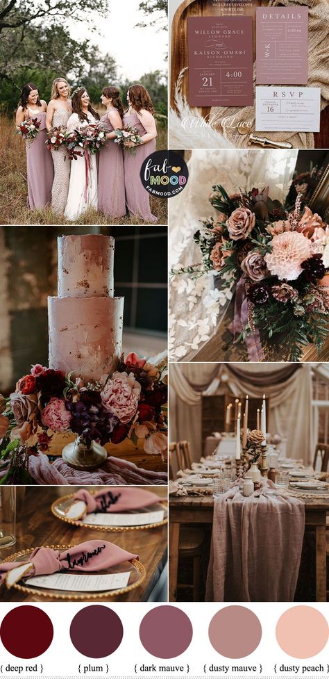 Plum Color Palette Wedding, Mauve And Gold Wedding Theme, Plum Blush Wedding, Mauve Blush Champagne Wedding, Deep Rose Wedding Color Schemes, Mauve Decor Wedding, Mauve And Dark Grey Wedding, Mauve Dusty Rose Wedding, Fall Wedding Colors Mauve