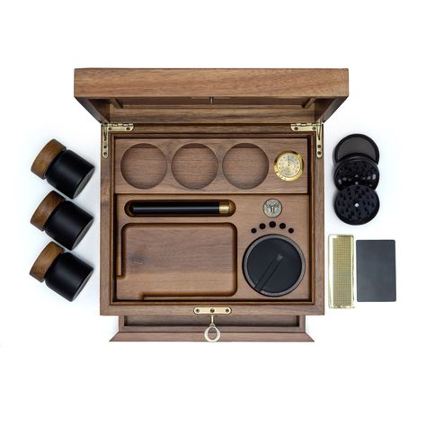 Sleek sellouts! 🤓. Order Acacia Wooden Stash Box - Rolling Tray, humidifier kit, Airtight Washable Brass doob tube, Grinder, Glass Jar, concrete ashtray & scissors at $234.99 #420StonerBox #StashBox #stashbox #WeedStashBox #StashRollingBox #SmellProofBox #CannabisStashBox #StashBoxWithLock #JointBox #LargeStashBox Concrete Ashtray, Doob Tube, Wooden Staff, Herb Storage, Luxury Storage, Silver Furniture, Engraved Box, Stash Jars, Stash Box