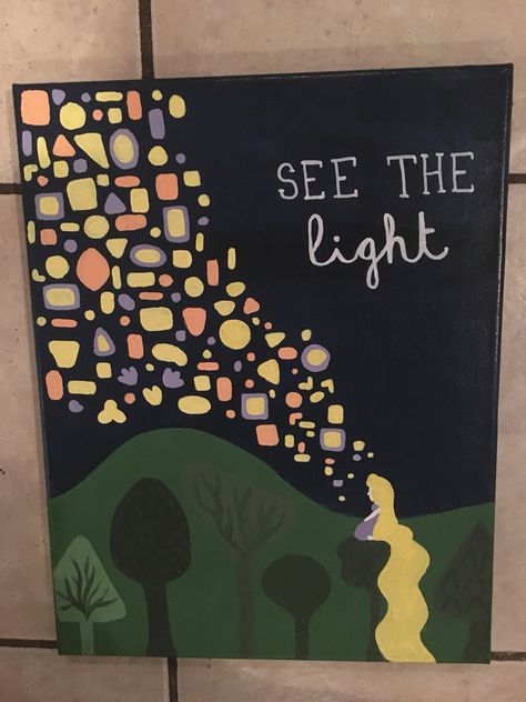 "See the Light" Tangled themed canvas #disney #Tangled   By Elise Bender I See The Light Painting, Easy Things To Paint On Canvases Disney, Disney Drawings On Canvas, Simple Painting Ideas Disney, Canvas Painting Ideas Tangled, Tangled Themed Painting, Cute Paintings On Canvas Disney, Paintings For Your House, Tangled Canvas Painting Easy