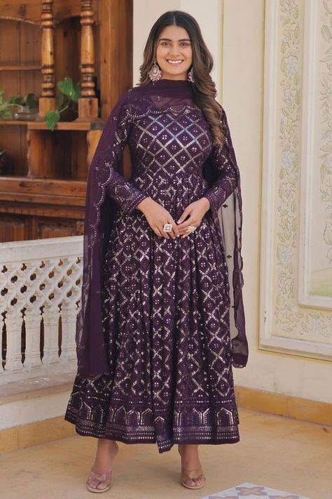 Burgundy Embroidered Georgette Gown with Dupatta Purple Long Gown, Long Gown Indian, Gowns Dresses Indian, Neck Stitching, Sequins Gown, Gown Indian, Gown With Dupatta, Designer Gown, Indo Western Dress