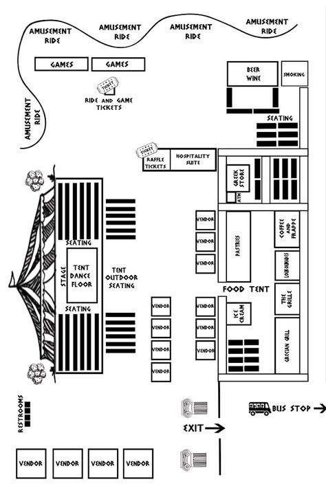 FESTIVAL MAP | Kimisis Tis Theotokou  Greek Festival Outdoor Concert Stage Design, Chamber Ideas, Festival Map, Venue Layout, Greek Festival, Thesis Ideas, Festival Planning, Carnival Design, Event Booth Design