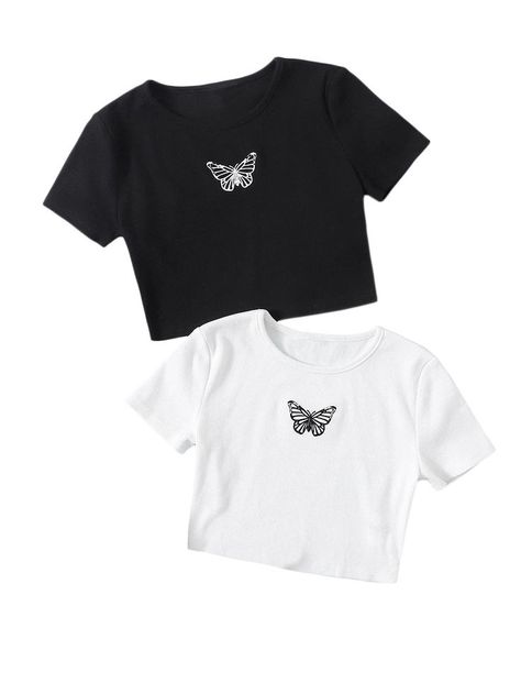 Girl's 2 Pack T Shirt Graphic Butterfly Print Short Sleeve Crop Tops Crop Top Shirt Outfits, H And M Tops, Crop Top Outfit Ideas, Cute Cropped Shirts, Graphic Butterfly, Top Outfit Ideas, Crop Tops For Kids, Crop Top Outfit, Graphic Crop Tee