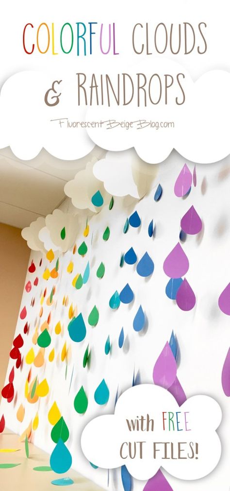 Colorful Clouds & Raindrops #Papercraft #DIY with Free Cut Files #Silhouette Spring Classroom Door, Spring Door Decoration, Library Book Displays, Spring Classroom, Library Bulletin Boards, Preschool Classroom Decor, Library Display, Colorful Clouds, Door Decorations Classroom