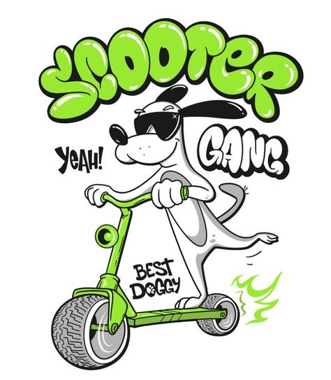 Cartoon dog riding a scooter shirt print... | Premium Vector #Freepik #vector Cute Dog Cartoon, T-shirt Design Illustration, Typography Tees, Fashion Typography, Hiasan Bilik, Tshirt Printing Design, T Shirt Design Vector, Shirt Print Design, Typography Tshirt