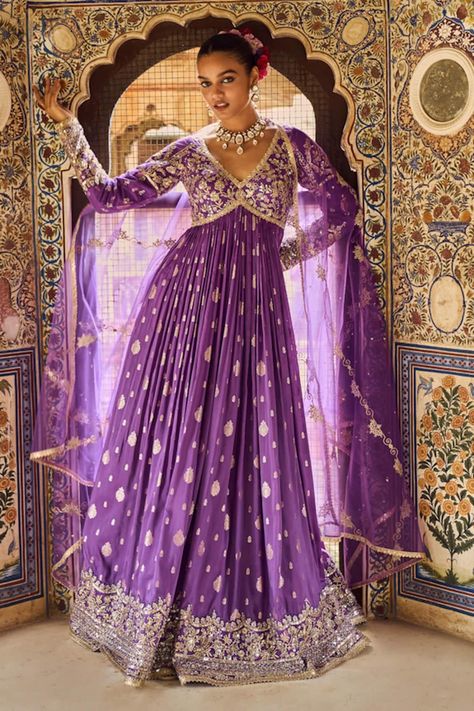 Buy Purple Brocade Embroidery Thread V Neck Floral Yoke Anarkali Pant Set For Women by LASHKARAA Online at Aza Fashions. Indian Purple Dress, One Piece Anarkali Dress, Purple Desi Clothes, Brocade Anarkali Suits, Purple Anarkali Dress, Heeramandi Outfits, Bollywood Gowns, Purple Indian Wedding, Brocade Anarkali