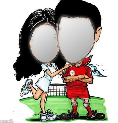 Comic soccer/football couple. Click to add your own faces! Football Couple, Happy Birthday Wishes Song, Face Cut Out, Foto Frame, Love Images With Name, Cut Out Pictures, Wedding Caricature, Comic Frame, Family Picture Frames