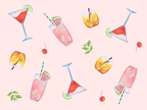 Summer cocktail pattern illustration by Linijos Summer Pattern Illustration, Summer Illustration Art, Cocktail Background, Cocktails Illustration, Cocktail Guide, Party Collage, Drink Posters, Cocktail Pattern, Shot Ski