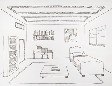 Room interior drawing showing One-Point Perspective. Bookshelf Perspective Drawing, 1point Perspective Drawing Room, Room From Perspective, 3d Bedroom Drawing, 3d Bed Drawing, 3d Rooms Drawing, Room Drawings Sketches Interior Design, Fun Perspective Drawing, How To Draw A 3d Room