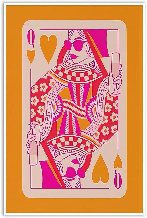 Girly Preppy Pink Aesthetic Poster, Trendy Playing Card Queen Of Hearts Canvas Wall Art, Funny Funky Woman In Glasses With Champagne Room Prints For Girl Bedroom Dorm Decor, wall decor, wall poster, poster ideas, house decor, wall poster ideas Queen Of Hearts Playing Card, Orange Preppy, Queen Of Hearts Card, Affiches D'art Déco, Hearts Playing Cards, Pink Wall Decor, Maximalist Wall Art, Queen Poster, Dorm Wall Decor