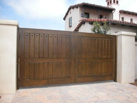 Custom Wood Gate by Garden Passages  www.gardenpassages.com Spanish Gate Design, Deck Gates Ideas, Yard Gates Ideas, Wood Gate Ideas, Wooden Gate Designs, Gates Ideas, Custom Wood Garage Doors, Tree House Interior, Wood Fence Gates