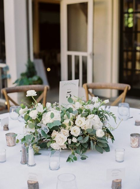 Round Garland Centerpiece Wedding, Low Table Floral Arrangements, Low White Floral Centerpieces, Vaseless Floral Centerpiece, White Floral And Candle Centerpieces, Low White Flower Centerpieces, Wedding Bouquet Centerpieces, Low Profile Centerpieces, Low Table Centerpiece