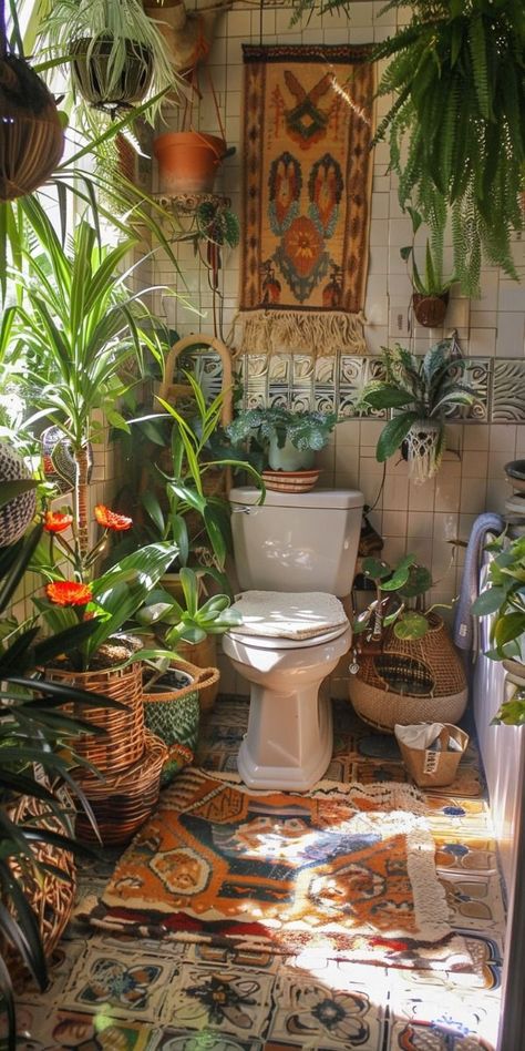 Budget Boho Bathroom Makeovers: 28 Ideas You Can Afford in 2024 Bathroom Plants Decor, Bohemian Bathroom Decor, Boho Style Bathroom, Concrete Creations, Boho Apartments, Bohemian Bathroom, Bathroom Makeovers, Boho Bathroom Decor, Luxurious Bathroom