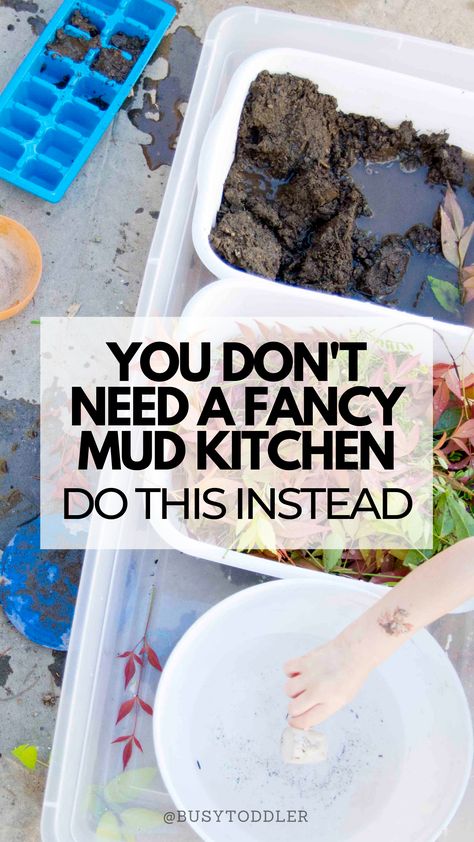 You don't need a fancy mud kitchen! Do this instead. (Image: a sensory bin mud kitchen) Mud Station Outdoor Play, Outdoor Mud Kitchen Diy, Mud Pie Outdoor Play, Diy Mud Kitchen Easy, Kid Mud Kitchen Diy, Portable Mud Kitchen, Build A Mud Kitchen, Pvc Mud Kitchen, Montessori Mud Kitchen