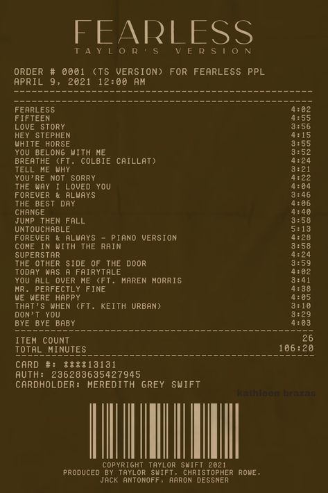 Fearless Taylor Swift Receipt, Fearless Taylor Swift Tracklist, Taylor Swift Receipt Fearless, Red Taylors Version Receipt, Taylor Swift Fearless Songs List, Taylor Swift Debut Songs List, Fearless Taylor Swift Song List, Taylor Album Poster, Taylor Swift Albums As Receipts