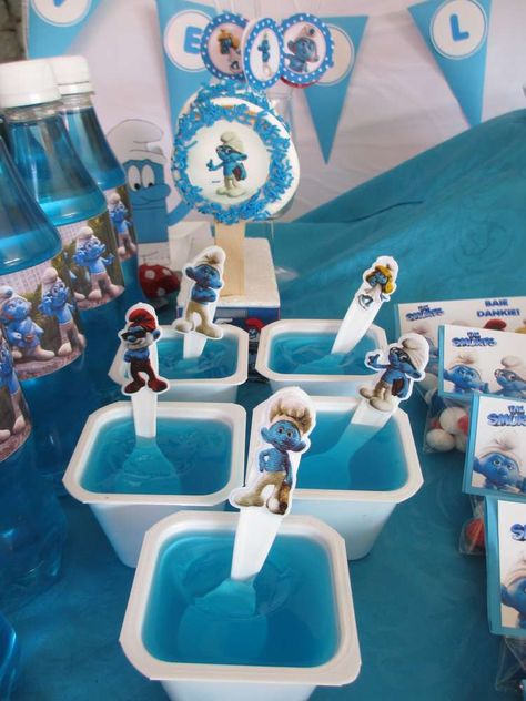 Liam's first Smurf birthday | CatchMyParty.com Smurfs Birthday Party Ideas, Smurfs Birthday Party, Smurfs Party Decorations, Smurfs Birthday, Smurfs Party, 51 Birthday, Party Decoration Ideas, Frozen Birthday Party, 2nd Birthday Parties