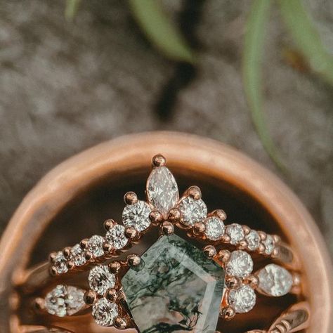 Staghead Designs on Instagram: "Rate this “Sage” bridal suite 1-10 🌿✨

#customjewelry #uniqueengagementring #mossagatejewelry" Moss Agate Jewelry, Staghead Designs, September 10, Bridal Suite, Unique Engagement Rings, Happily Ever After, Ever After, Pretty Things, Custom Jewelry