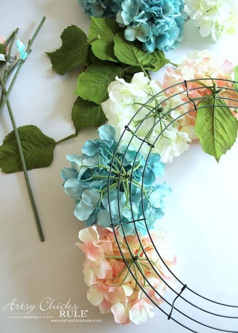 EASY DIY Hydrangea Wreath - perfect! Just add burlap bow on top to hang from How To Make Mesh Ribbon Wreaths, Fake Flower Wreath Diy Dollar Stores, Autumn Wreaths For Front Door Diy Floral, Different Wreath Methods, How To Make A Hydrangea Wreath, Diy Dollar Tree Front Door Decor, Spring Ideas Decoration Crafts, Beginner Wreath Making, How To Use A Wire Wreath Form