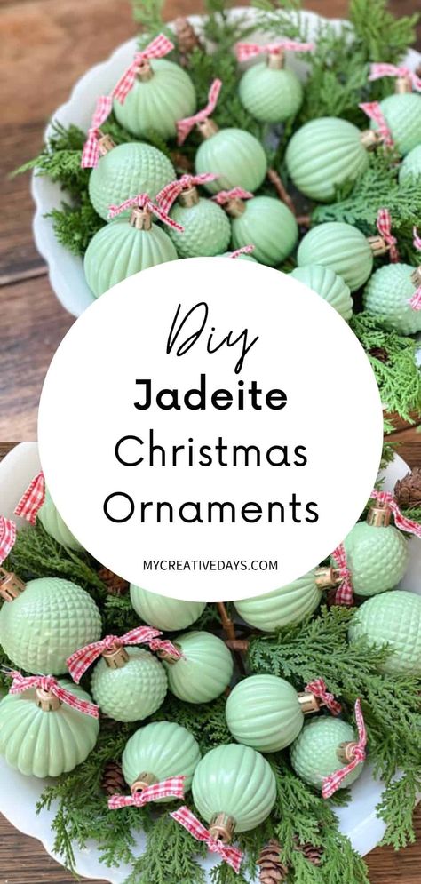 These DIY Jadeite Christmas Ornaments are so easy to make and give the look of vintage jadeite glassware that is so pretty and popular. Natal, Jadite Christmas Ornaments Diy, Decorating With Jadeite, Diy Jadeite Ornaments, Cool Christmas Ornaments, Jadeite Christmas Ornaments, Making Ornaments Christmas, Jadeite Christmas Tree, Diy Ornaments Christmas Easy