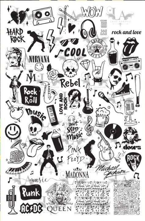 Rock N Roll Inspired Tattoos, Ozzy Inspired Tattoos, Small Rockstar Tattoo, 80s Rock Band Tattoos, Rock Star Tattoo Ideas, Ac Dc Nails, Rock And Roll Tatoos, Rock Roll Tattoo Ideas, Tattoo Ideas Bands Music