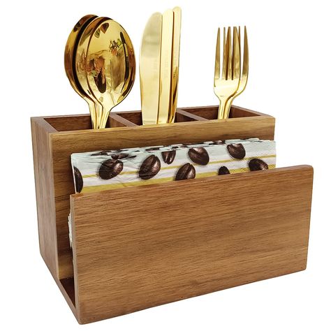 PRICES MAY VARY. ► ADD A NATURAL TOUCH TO YOUR KITCHEN DÉCOR ： This Wooden utensil holder Made from slsices of genuine acacia wood, unique and natural contrasting pattern. is the perfect decorative touch to your kitchen countertop. The wood design of the utensil crock matches nicely with the style of most kitchens, offering a cozy, rustic flair that anyone would definitely love! ► A MUST HAVE ORGANIZER FOR YOUR KITCHEN - This handy Country-Style utensil storage organizer has 4 separate compartme Kitchen Table Organizer, Utensil Organization Ideas, Organize Utensil Drawer, Utensils Organization Ideas, Utensil Drawer Organizer, Wooden Utensil Holder, Small Products, Utensil Drawer Organization, Silverware Organization