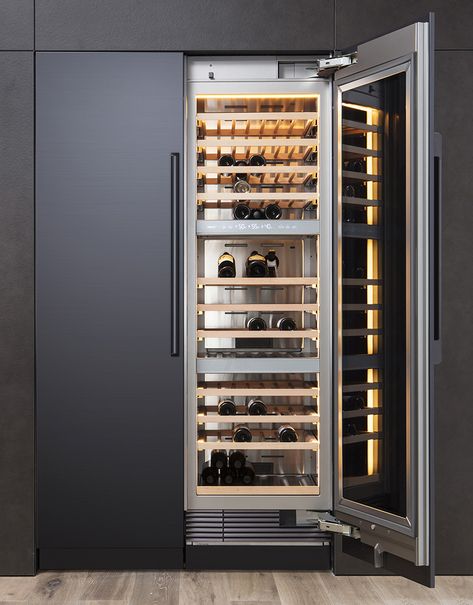 Dacor’s Full-Size Wine Cellar: Got 100 bottles of wine to store? Dacor’s 24-inch Full-Size Wine Cellar can house them in three independently cooled zones behind a triple layer of glass filled with argon gas to protect the precious goods from UV and IR rays. Panel-ready for stainless steel or custom door fronts, the graphite finish gives James Bond-level slickness. An app provides real-time notifications for monitoring humidity sensors, air purification systems, and the like. Tall Wine Fridge, Wine Refrigerator, Kitchen And Bath Design, Wine Fridge, Lavatory Faucet, Tub Filler, Decorative Trim, Free Standing Bath Tub, Custom Door