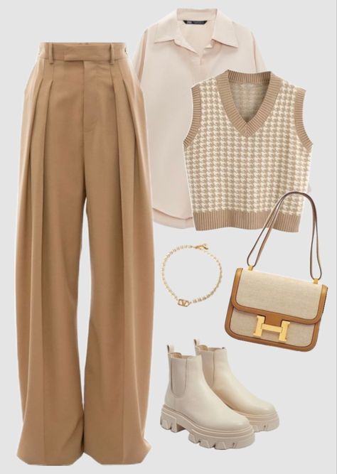 beige, cream and brown fall/ autumn outfit Beige Fall Outfits For Women, Beige 2 Piece Outfit, Light Pink And Beige Outfit, All Beige Outfit Winter, Khaki Trousers Outfit Aesthetic, How To Style Beige Wide Leg Jeans, What Goes With Beige Pants, Cream And Khaki Outfits, Style With Cream Pants