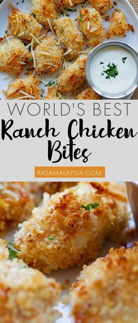 Chicken Ranch Bites, Ranch Parmesan Chicken Tenders, Ranch Chicken Bites Baked, Parmesan Ranch Chicken Tenders, Ranch Panko Chicken, Cheesy Chicken Bites, Chicken Cheese Nuggets Recipe, Chicken Tender Appetizer Recipes, Easy Baked Chicken Bites Recipes