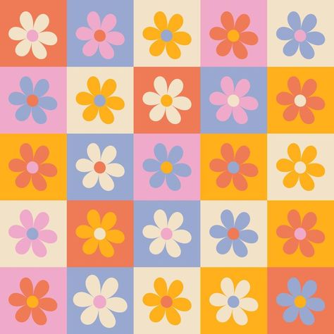 Hippie retro vintage flowers seamless pattern in 70s-80s style. Flat vector illustration. Retro Aesthetic Landscape, Retro Flower Stencil, Vintage Motifs Design, 70 Flower Pattern, 80s Flower Pattern, Retro Flower Drawing, 70s Colorful Aesthetic, 70s Aesthetic Flowers, Retro Aesthetic Drawings