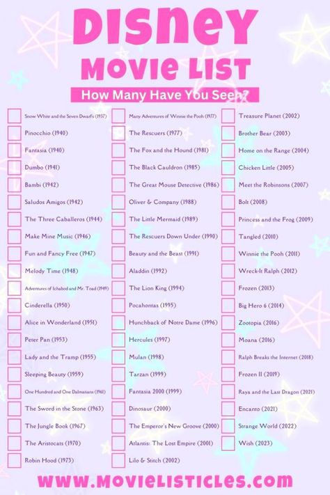 A complete list of all Disney Animation Studios movies. A perfect movie list for family movie night! Free printable movie checklist! Follow me for more movie night ideas, movie recommendations and best movies to watch lists. Things To Watch On Disney+, January Movie List, Best Movie List, All Disney Movies List, Best Disney Movies To Watch, Disney Movie Recommendations, Animation Recommendations, Movie Night Movies List, What To Watch On Disney+