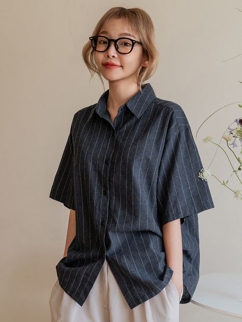 Grey Casual Collar Half Sleeve Polyester Striped Shirt Embellished Non-Stretch  Women Tops, Blouses & Tee Gray Shirt Outfit, Sleeve Shirt Outfit, Stripy Tops, Striped Shirt Women, Shirt Outfit Women, Stripped Shirt, Half Shirts, Half Sleeve Shirts, Women Blouses