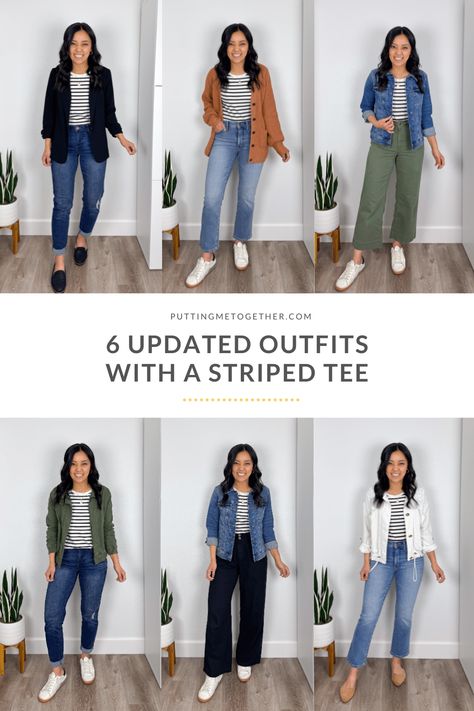 Updated Outfits With a Striped Tee White Jeans Outfit For Work, Updated Outfits, Stripe Tee Outfit, 10 Piece Capsule Wardrobe, Nursing Friendly Outfits, Toms Outfits, Stripe Pants Outfit, Casual White Sneakers, White Sneaker Outfit