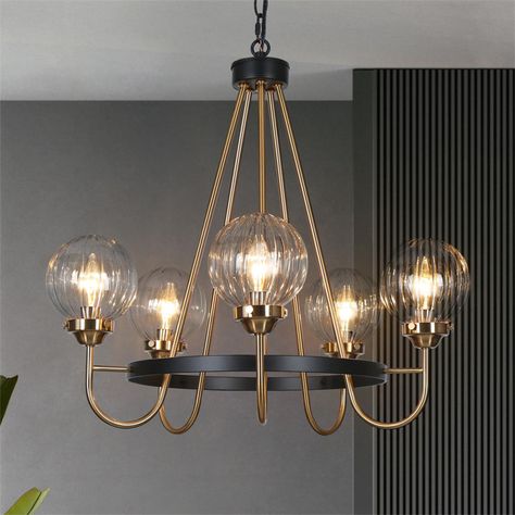 Rosdorf Park Yedidal 5 - Light Dimmable Chandelier & Reviews | Wayfair Dining Room Light Mid Century Modern, Light Fixtures Aesthetic, Breakfast Area Chandelier, Black And Gold Light Fixture Kitchen, Southern Chandelier, Mid Century Lighting Ceiling, Mid Century Modern Lights, Black And Brass Chandelier, Hallway Remodel