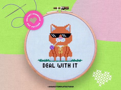 Kawaii, Deal With It Meme, Kawaii Cross Stitch, Cute Cross, Cat Cross Stitch Pattern, Cat Meme, It Funny, Cat Cross Stitch, Cute Cross Stitch