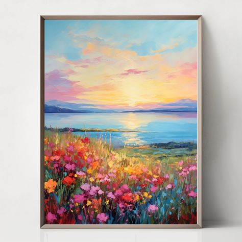 Nature art, landscape art, Wildflower field, meadow, flowers, sunrise, seaside, sunset, mountains art, Farmhouse art, countryside art. When payment is complete you will receive you will receive 5 HIGH-RESOLUTION FILES: 7808x9856 pixels JPG file, square ratio, can be printed in sizes up to 11x14, 22x28 inches without any loss in quality. ✨Watermark/logo will not appear on the files you receive✨. If you have any questions or need a particular size please don't hesitate to contact me. Nature, Mountain With Flowers Painting, Sunset Flower Field, Art Countryside, Flower Field Painting, Sunrise Flowers, Mountain Farmhouse, Seaside Sunset, Countryside Art