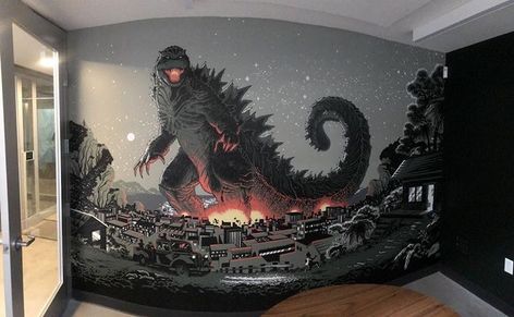 Godzilla mural installed for a client's office Boys Godzilla Bedroom, Godzilla Themed Bedroom, Godzilla Bedroom Ideas, Godzilla Graffiti, Godzilla Room Ideas, Godzilla Mural, Godzilla Bedroom, Godzilla Room, Godzilla Decorations